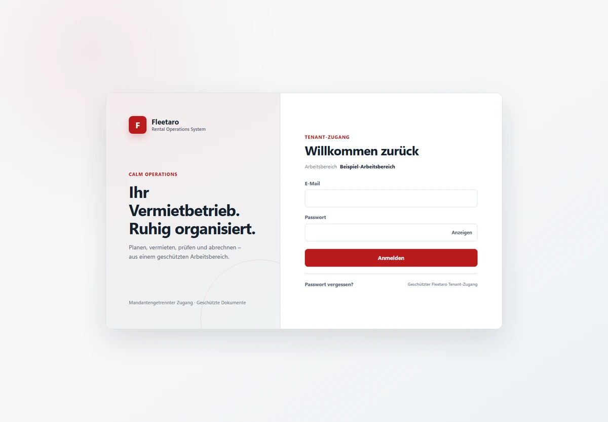 Fleetaro: 04 / Anmeldung – reine Abbildung, keine Login-Funktion – Aufnahme mit neutralisierten Beispielangaben