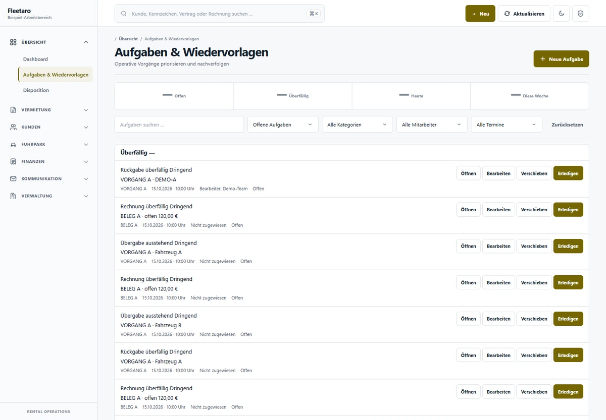 Fleetaro: 02 / Aufgaben – Kontext, Filter und nächste Schritte – Aufnahme mit neutralisierten Beispielangaben