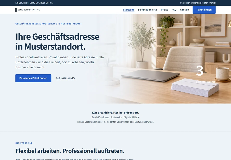 Anonymisierte Website-Vorschau: Geschäftsadresse & Büroservice