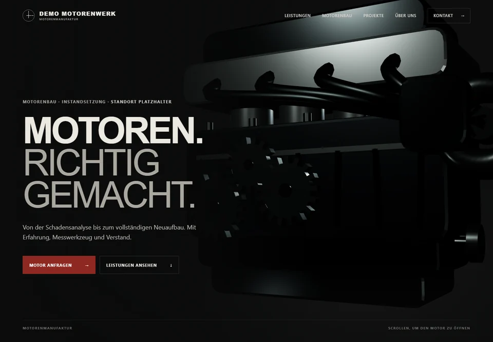 Anonymisierte Website-Vorschau: Motorenbau – Klar & technisch